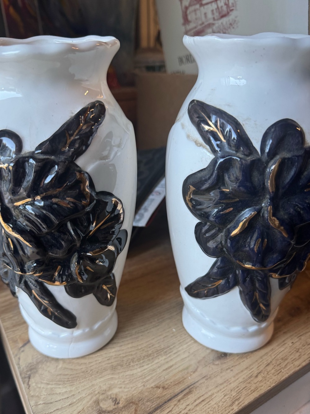 White Ceramic Vase with Black Floral Relief made in Thailand $ 120 for the pair